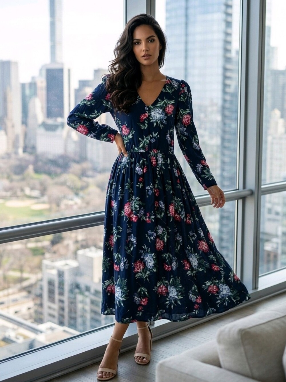 Banana Republic Dress S Navy Floral Rayon Boho Midi Puff Sleeve Fit Flare V Neck